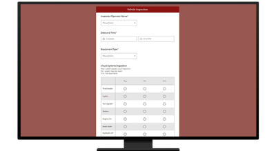 A graphic of a computer monitor displaying a vehicle inspection checklist in white and orange