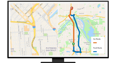 A graphic of a computer monitor displaying a city-level road map alongside a city-level route map