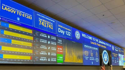 A view of what the Louisiana Emergency Operations Center looked like in preparation for one of the governor’s COVID-19 briefings featuring information about personal protection equipment (PPE) and resource requests.