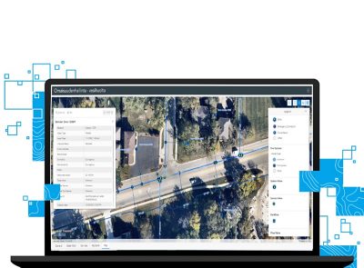Kuvituskuva, missä läppärin näytöllä on kartta ja täsmällistä informaatiota vesiverkostosta