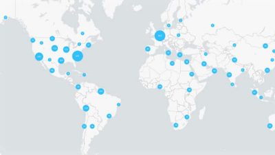 A world map showcasing various blue circular data points distributed across continents. 