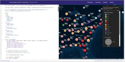 Developer code and map showing power plant locations and colored circles grouping them together.