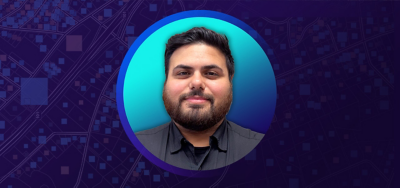 Margil Garza Jr. smiling in a black collared shirt overlaid on a turquoise and blue graphic background