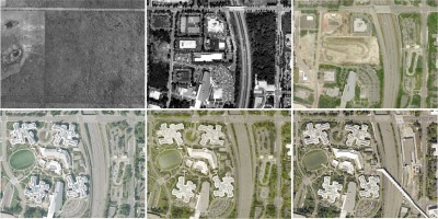 Series of six aerial views showing landscape and building changes at a single site across decades.