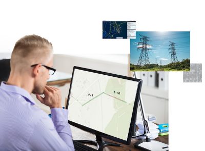 Kuvituskuva, missä mies tarkastelee ArcGIS-ohjelmistolla tehtyä kasvillisuusanalyysiä