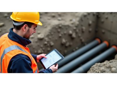 Kuvituskuva, missä kenttätyöntekijä katsoo mobiililaitteelta putkien tietoja