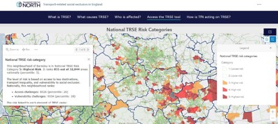 A map of England highlighting areas with the highest risk of social exclusion in red and orange displayed on web page