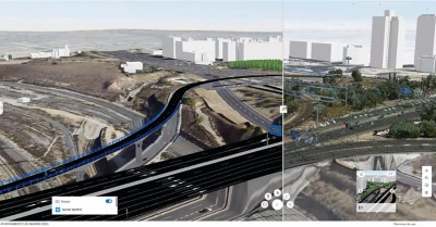 A slider image with a wide freeway system lined by trees beside a 3D model of a towering cityscape on one side and a graphic model of the same freeway on the other side