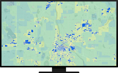 A green map with blue and yellow polygons