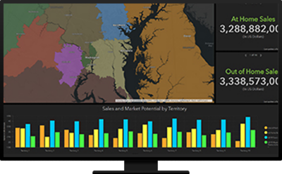 A multi-colored map with home sales metrics to the right and bar graphs on the bottom of the screen
