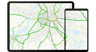 A tablet next to a smart phone and both have the same street map on them