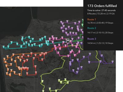 A map showing driving routes for a fleet of vehicles, with each route highlighted in a different color