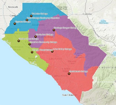 Orange County, California map showing community colleges. 