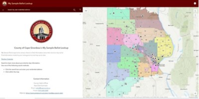 Screenshot of desktop map of Cape Girardeu County, with prescient numbers and voting districts marked in colored regions