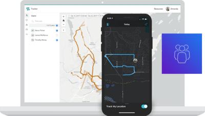 Appareil mobile affichant des options pour les paramètres d’appareil et de couche de carte en regard d’un écran d’ordinateur portable présentant une carte et une icône représentant trois personnes.