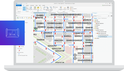 Graphic of a laptop screen displaying the layout of an office complex alongside legends of analysis options