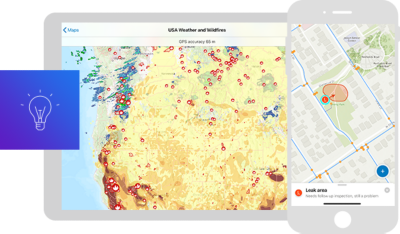 Graphic of a tablet and a mobile phone both displaying coordinating wildfire risk maps