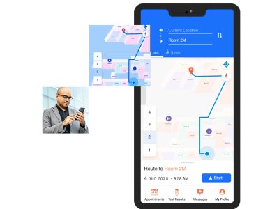 Téléphone mobile affichant une application d’orientation sur le terrain, avec des cartes indoors, une feuille de route détaillée et un itinéraire mis en évidence