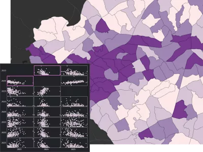 A digital map shows demographic and urban growth data near Atlanta, with a popup showing the enrich layer tool in ArcGIS Enterprise and the creation of a scatter plot visualization