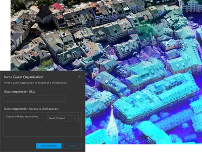 An aerial photo of Zurich fades into a point cloud 3D model of the same city, and an open dialog box with text reading "invite guest organization" shows the collaboration that's possible with ArcGIS Enterprise 