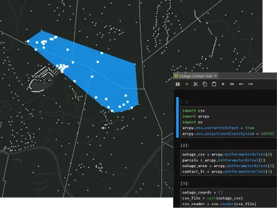 A map of Linden county, North Carolina with an area selected in blue, alongside a view of an automated python script for detecting homes affected by a major power outage