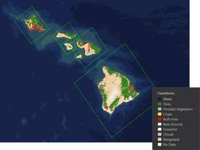 The result of creating a mosaic data set from a series of raster files, a map of Hawaii shows the color-coded classification of land cover types - such as red for built areas and green for trees. 