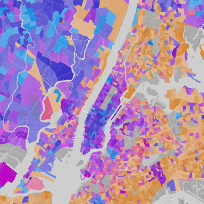 Multi-colored map in shades of blue, purple, and orange showing commute times for the city of New York.