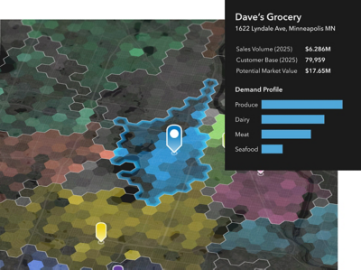A map that shows customer demand and a market profile for a region containing a grocery store