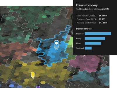 A map that shows customer demand and a market profile for a region containing a grocery store