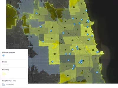 Map of Chicago with yellow shaded drive‑time areas around hospitals, showing coverage gaps and locations, alongside an ArcGIS Online interface panel for layers such as hospitals, streets, boundaries, and 10‑minute drive times
