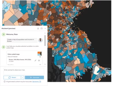 Choropleth map of the Boston area shaded by demographic data, alongside an ArcGIS AI assistant panel generating a color-coded map