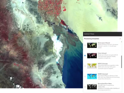 Satellite imagery of a coastal landscape displayed in ArcGIS, showing terrain and water features with red-highlighted data points, alongside a panel of processing templates