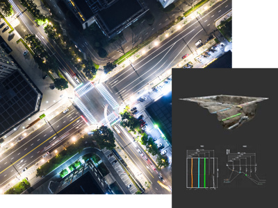 Aerial view of a city intersection at night paired with a 3D cross-section of underground utilities