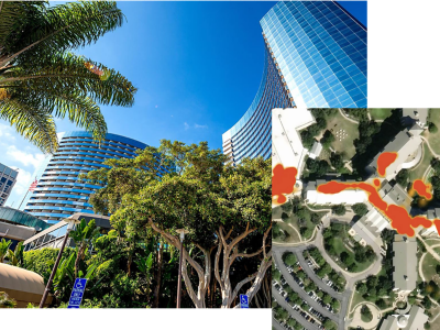 A Marriott hotel surrounded by trees alongside an aerial map with highlighted risk areas