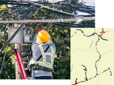 Field technician on a ladder working on overhead fiber equipment and cables, paired with a map of network infrastructure