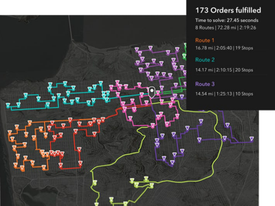 A map showing driving routes for a fleet of vehicles, with each route highlighted in a different color