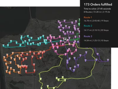 A map showing driving routes for a fleet of vehicles, with each route highlighted in a different color