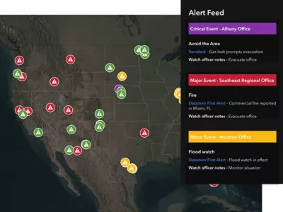 A map and an alert feed showing safety, weather, and security alerts across the US, with red, yellow, and green icons scattered across the map