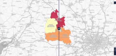 A map showing several colour‑coded regions in central southern England, with divisions highlighted in red, yellow, and orange, overlaid on a greyscale background map of surrounding towns and roads.