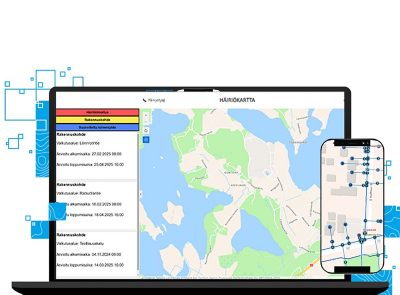 Kuvituskuva, missä on läppärin näytöllä häiriökartta ja kännykän näytöllä karttanäkymä