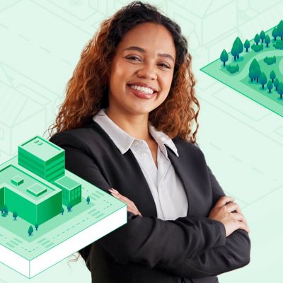 Professional standing with arms crossed, overlaid with stylized 3D buildings and neighborhood graphics