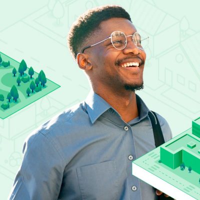 Person wearing glasses and button-up shirt smiling broadly overlaid with digital models of city infrastructure