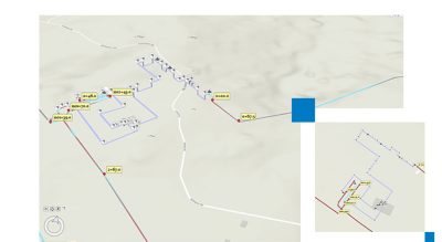 A map with pipeline features in three dimensions and several lines next to an inset image of the same map in two dimensions