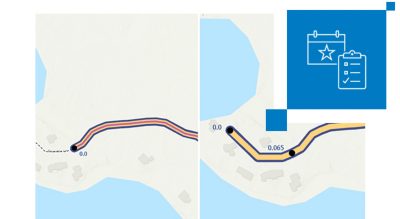 Side by side comparison of the same line feature on a map showing post-edit changes next to merit badge and checklist symbols