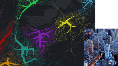 Áreas escuras do mapa destacadas em linhas coloridas, com linhas mais grossas mostrando proximidade geográfica mais próxima de uma área central