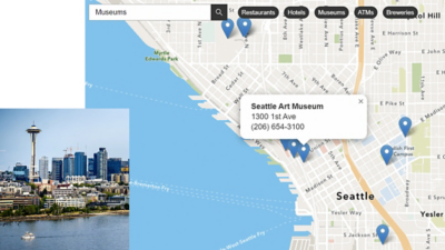 Um mapa de ruas da área à beira-mar de Seattle, Washington, com um pop-up que mostra o endereço do Museu de Arte de Seattle