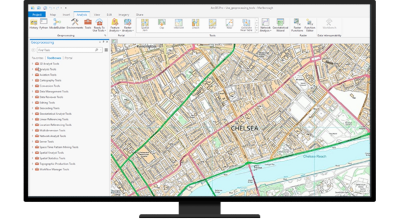 Desktop computer showing a map of an area of a town