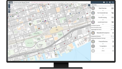 Map dashboard for a Community Asset Portal with a city map scattered with map points alongside a legend