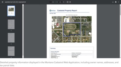 A four-page report provides an aerial view of the school district’s property, including the track and field, with property info and summary