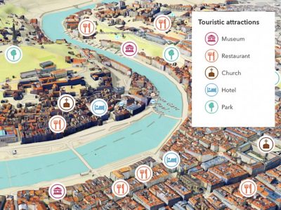 3D visualization of a riverside city with tourist features labeled with icons
